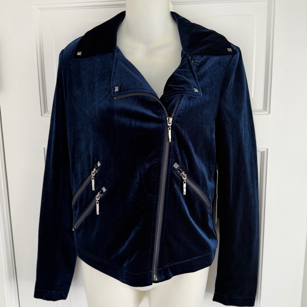 NWT, BAGATELLE, Navy Blue Velvet-Velour Moto Jacket - XS